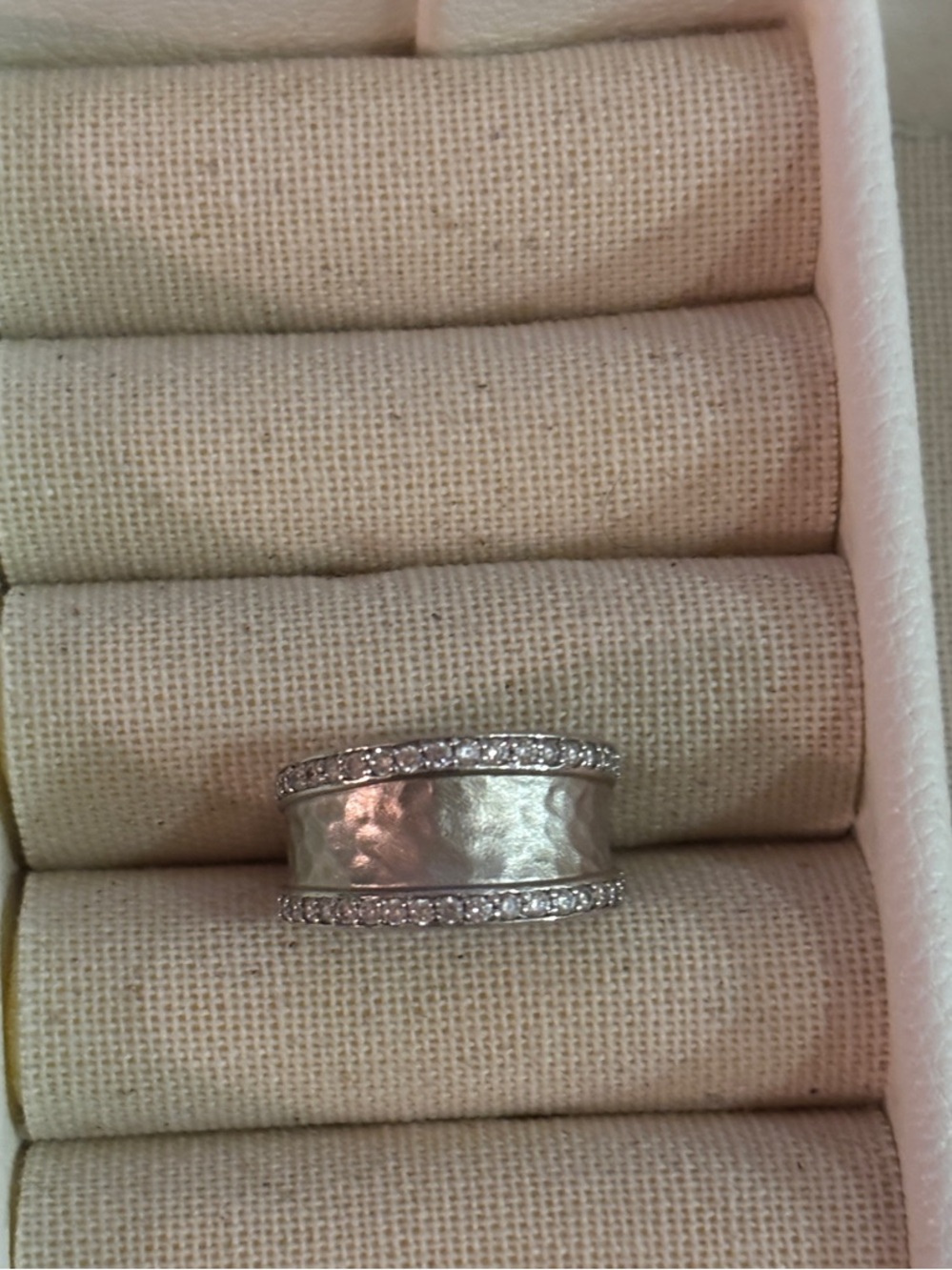 Sterling Silver Hammered Wide Band Ring with Pavé Edges